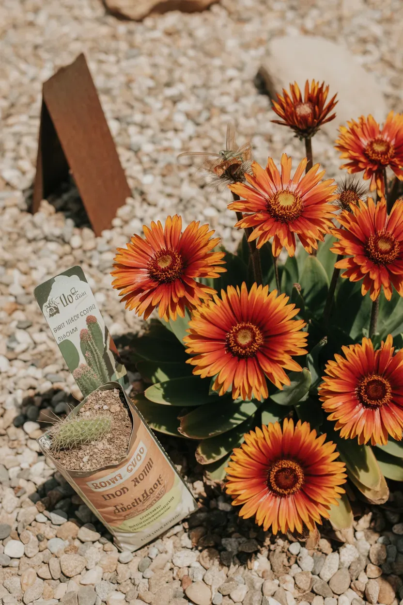 Blanket flower with red and orange blooms growing in sunny gravel garden bed