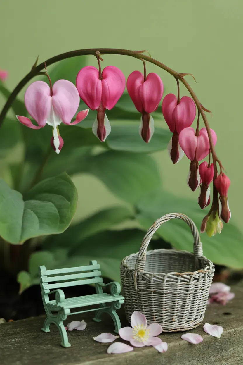 Bleeding heart with pink heart-shaped blooms arching over shaded spring garden bed