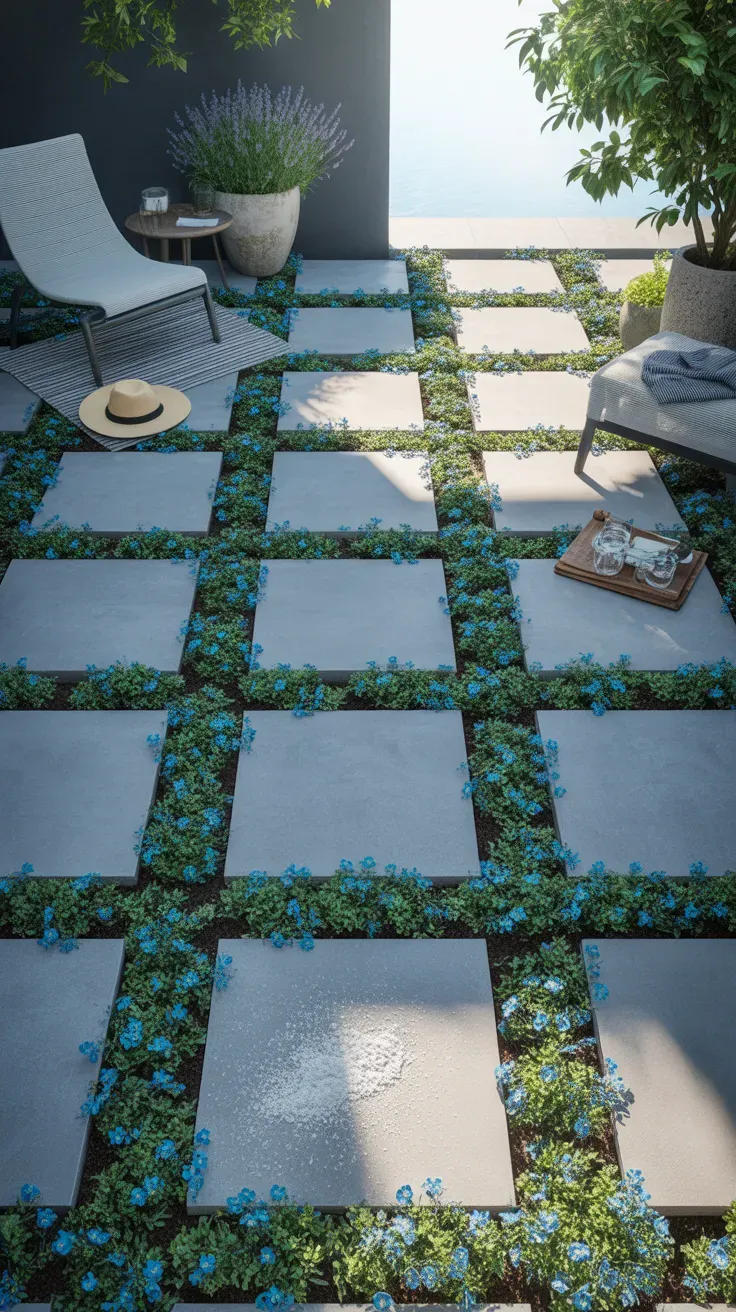 Tiny blue star-shaped flowers of blue star creeper filling gaps between square concrete pavers