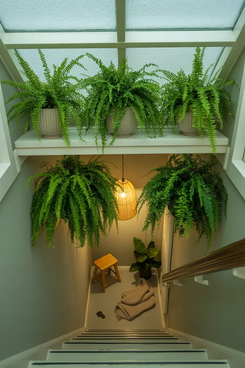 Hanging Boston ferns clustered at the top of a staircase forming a leafy canopy