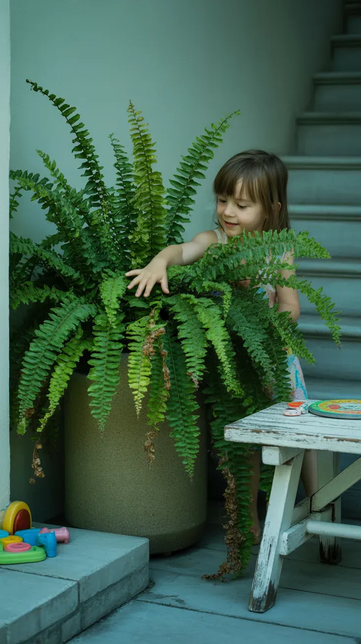 Boston fern in heavy concrete pot filling shaded corner of kid-safe garden staircase