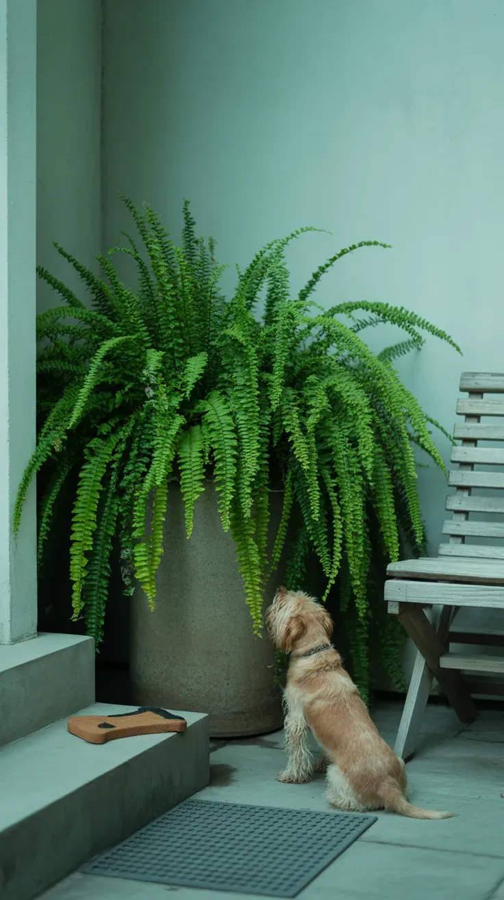 Boston fern in heavy concrete pot filling shaded corner of pet-safe garden staircase