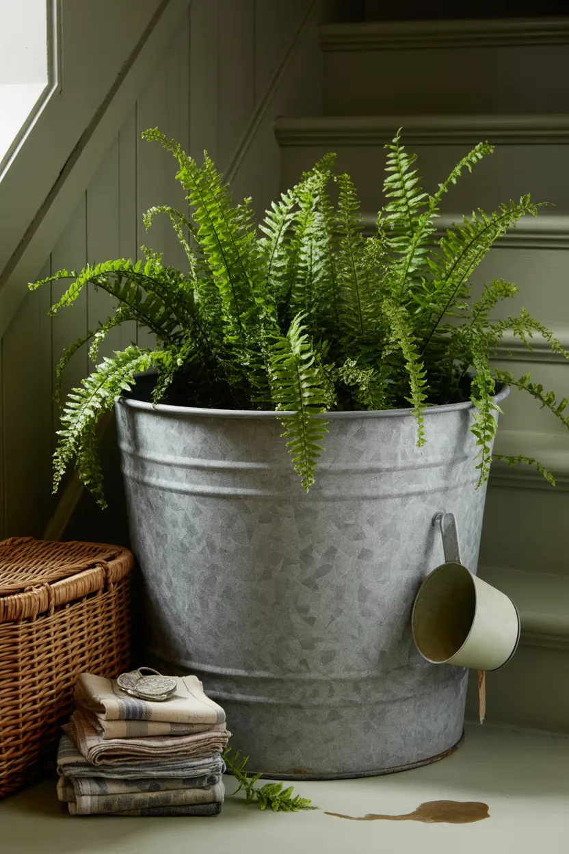 Boston ferns arranged in a galvanized tin washtub on a farmhouse staircase landing