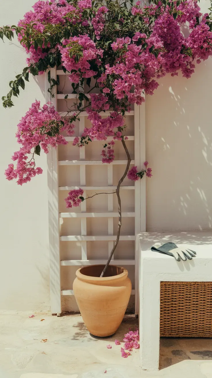 Magenta bougainvillea bracts cascading over a trellis in bright sunlight