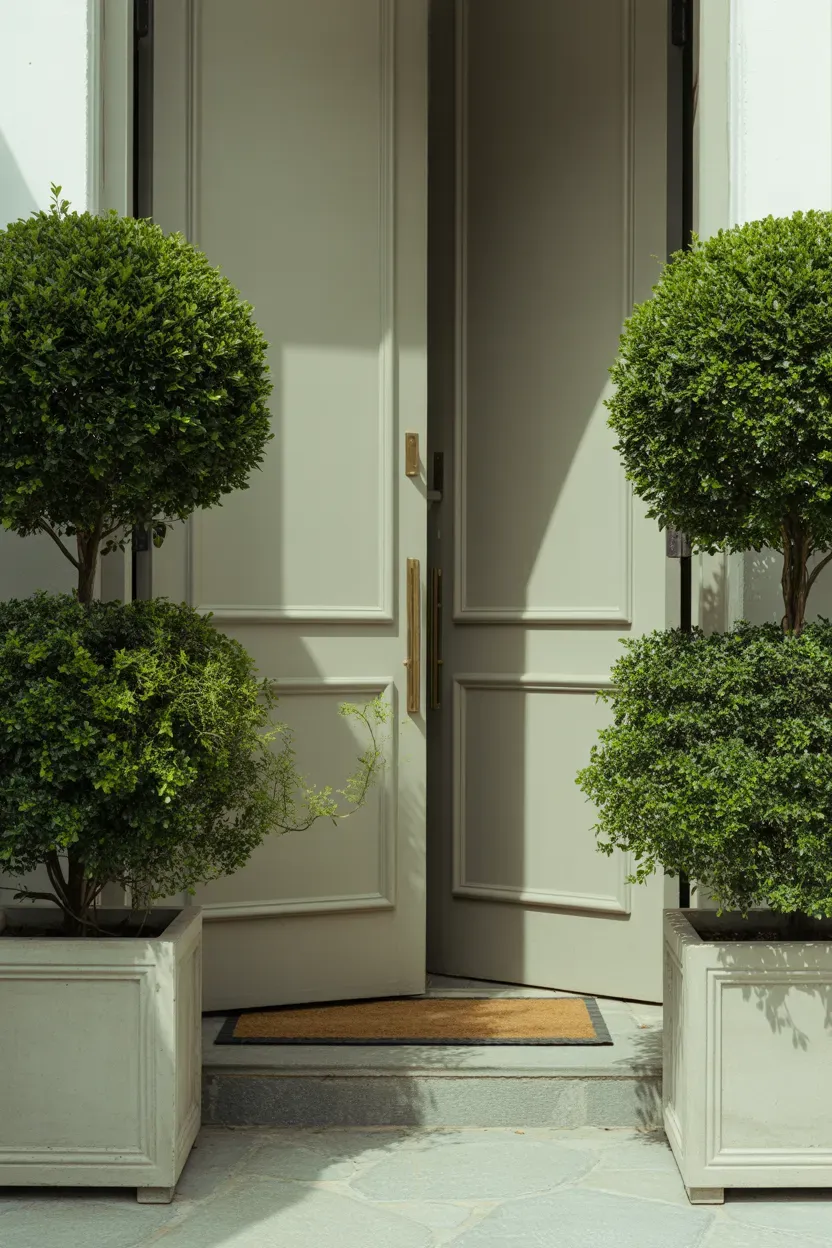 Matching boxwood ball topiaries in concrete pots flanking formal modern staircase