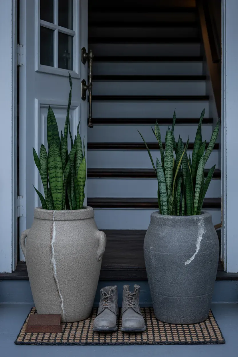 Hand-braided rope plant hanger holding a spider plant with trailing plantlets on a staircase
