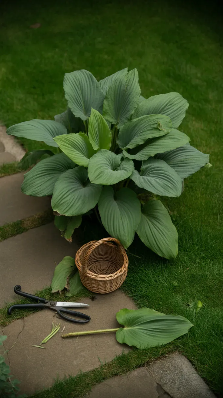Broad ribbed plantain leaves growing at the edge of a mowed lawn
