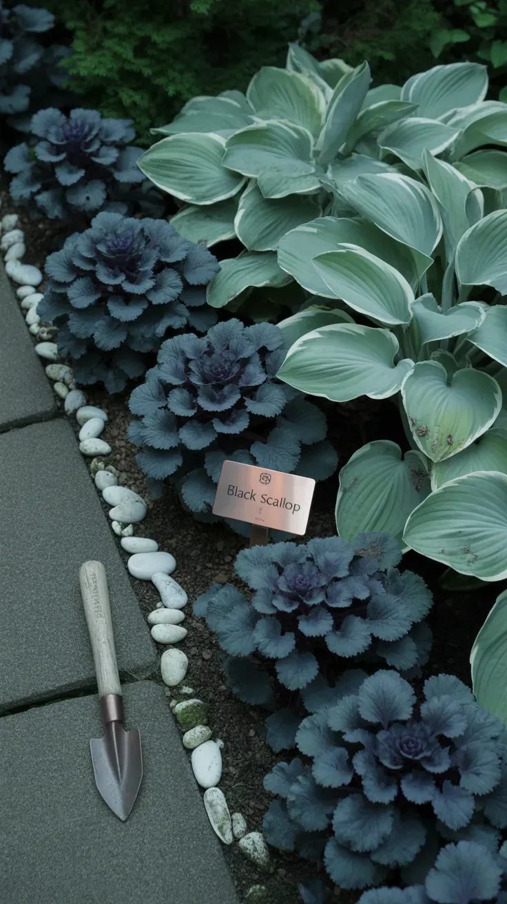 Bugleweed black scallop with near-black scalloped leaves lining shaded garden border
