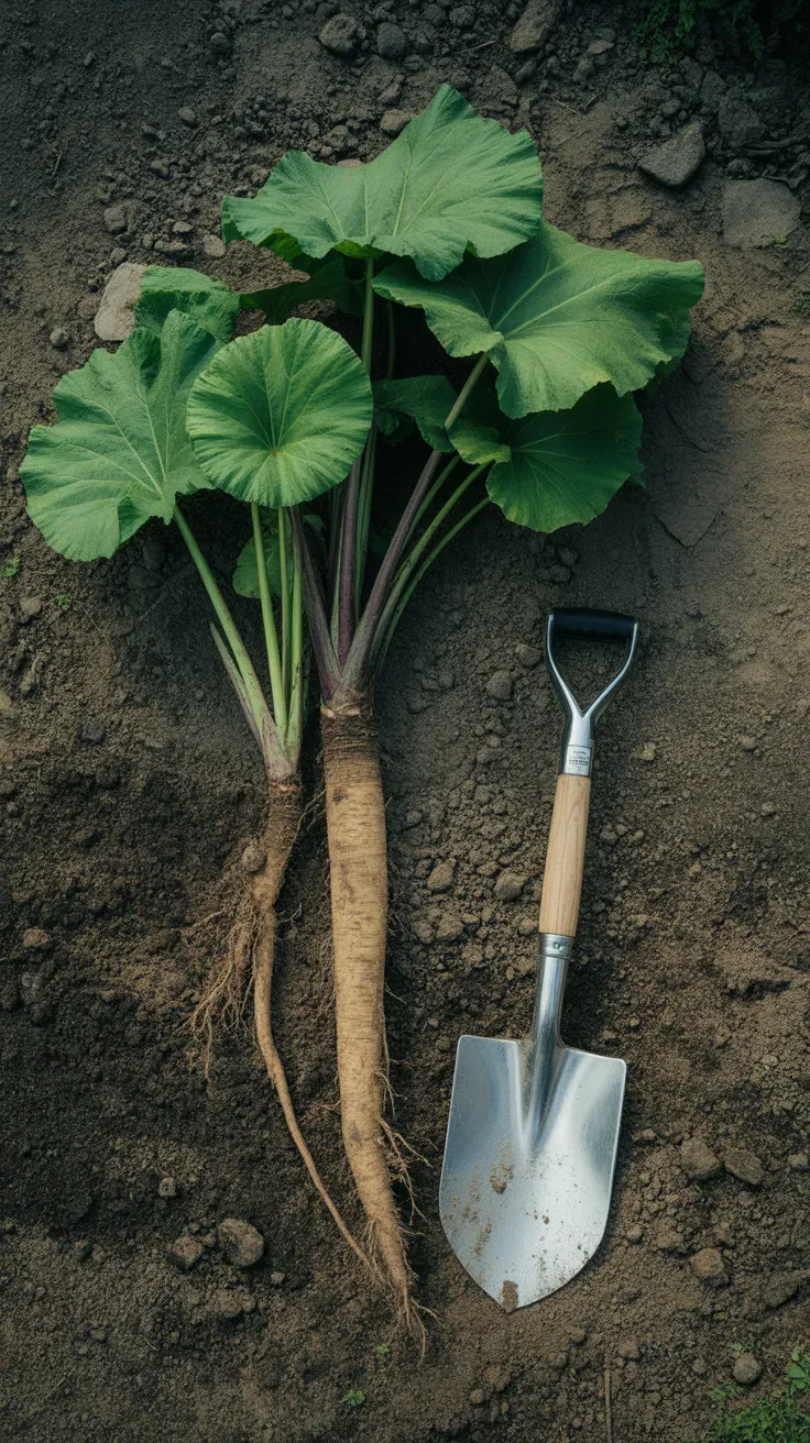 Large burdock leaves and dug root beside a garden shovel on soil