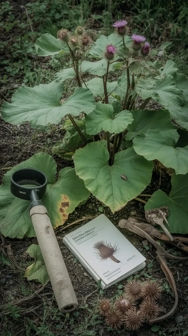 Wild burdock with large heart-shaped leaves and purple thistle-like burrs growing on waste ground