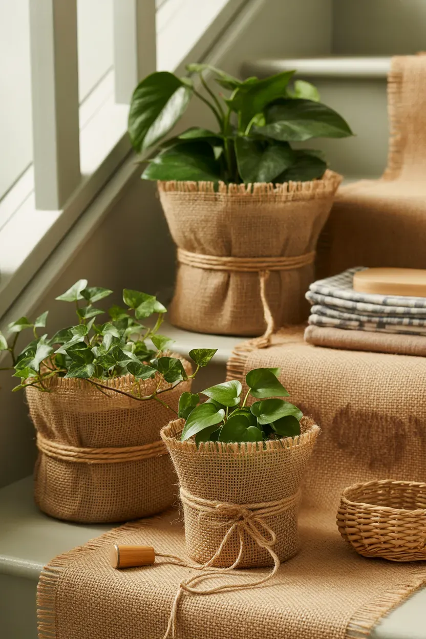 Plastic nursery pots wrapped in burlap holding pothos and ivy on a farmhouse staircase