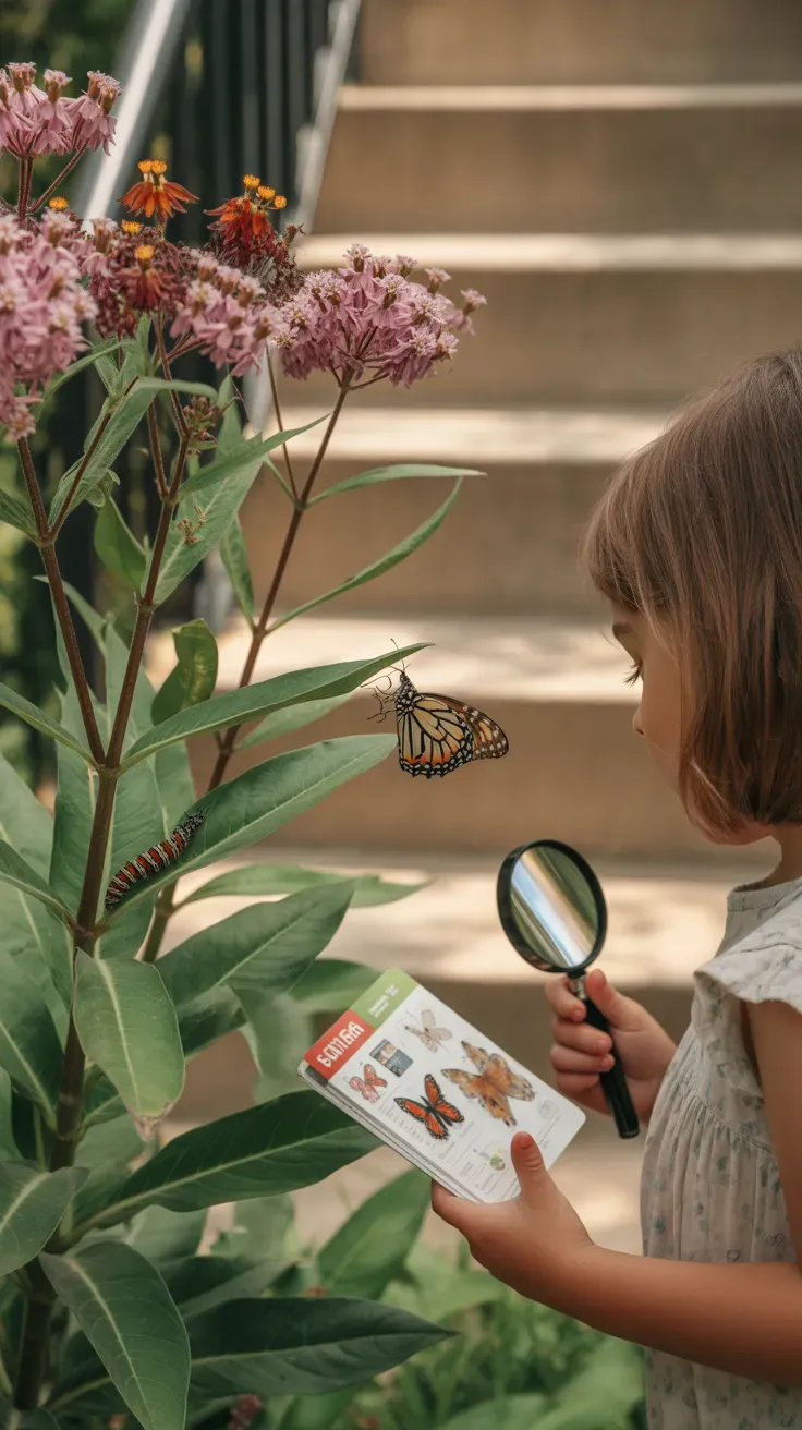 Milkweed plants attracting monarch butterflies in educational nature garden beside kid-safe staircase