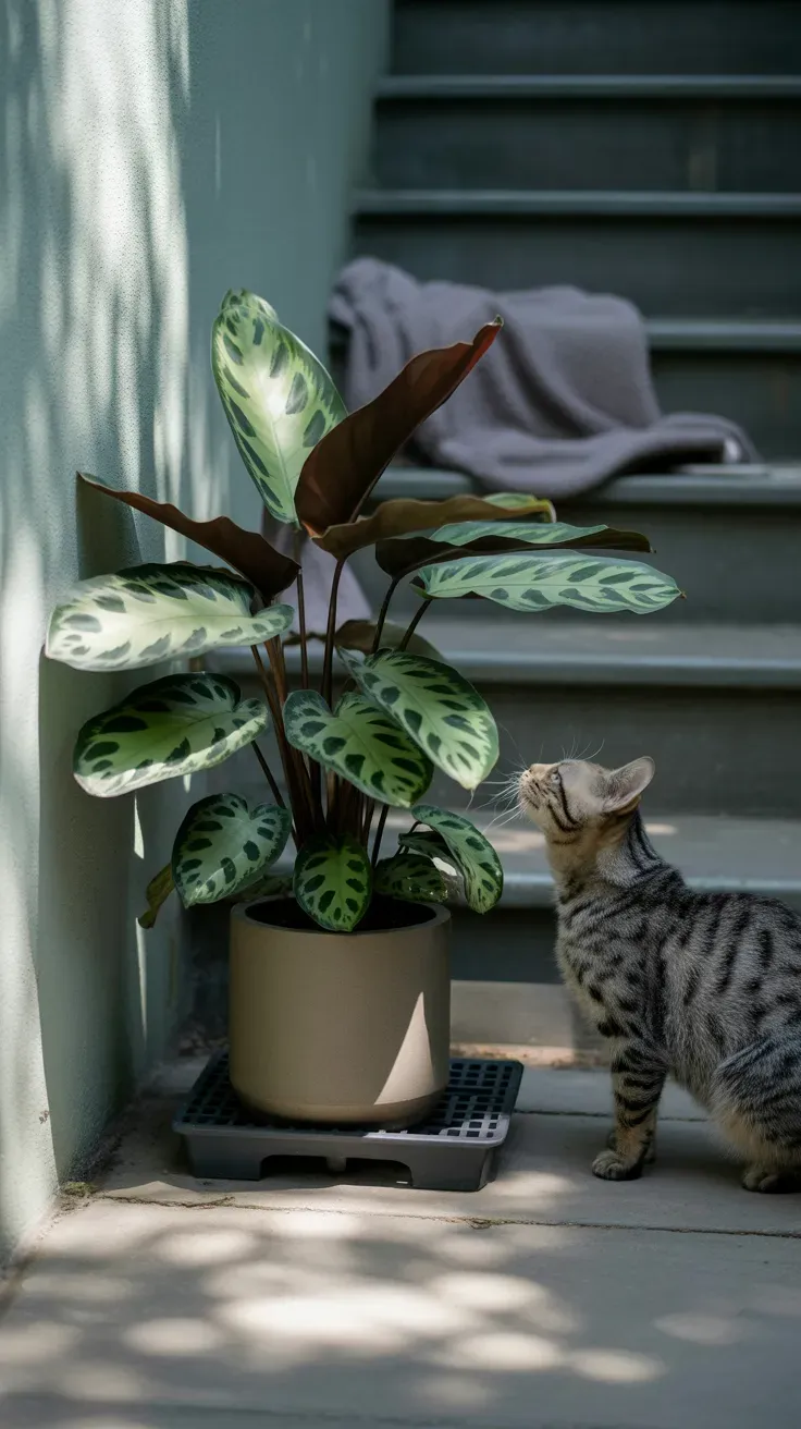 Calathea with patterned leaves in shaded display safe for curious cats on staircase