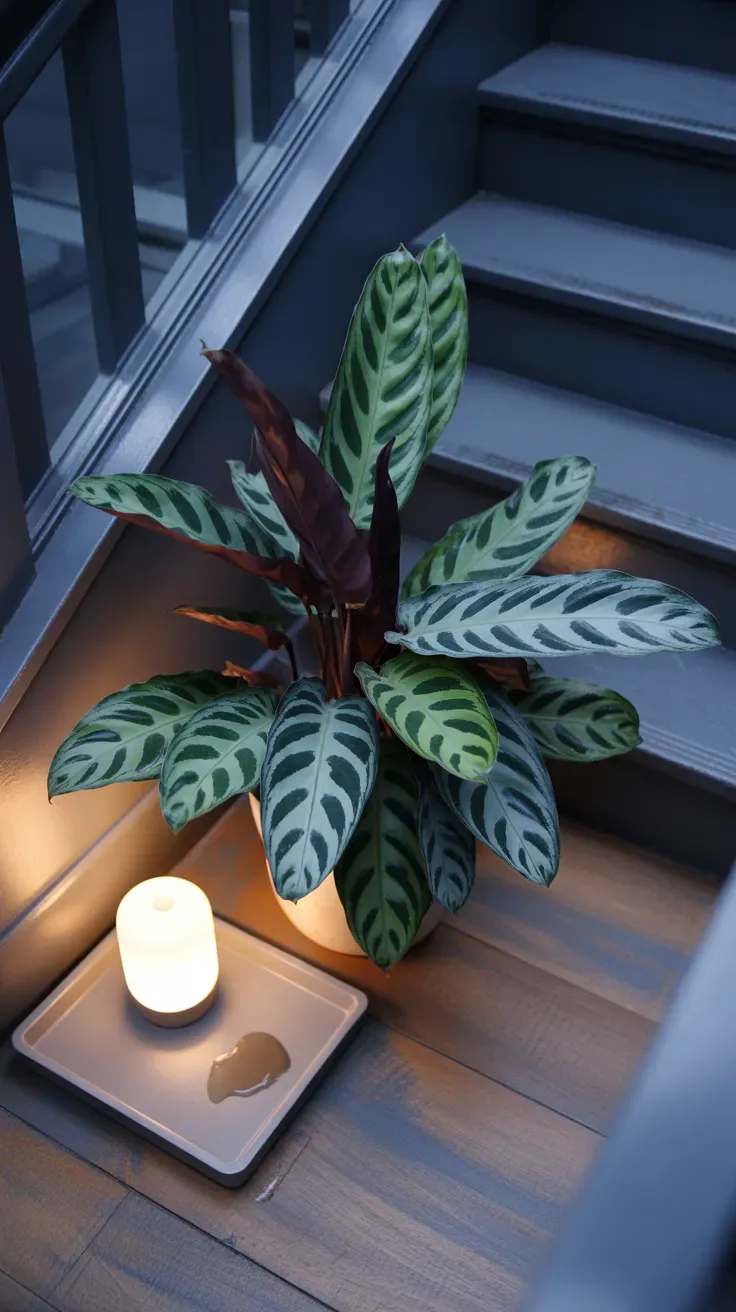 Calathea with dramatically patterned leaves as statement piece in dim staircase corner