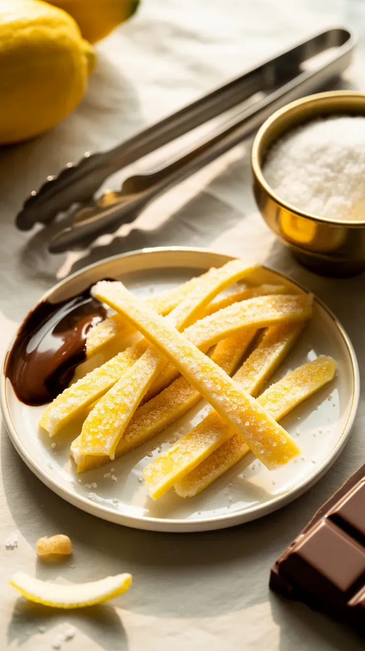 Sugar-coated candied lemon peel strips arranged on a small dessert plate