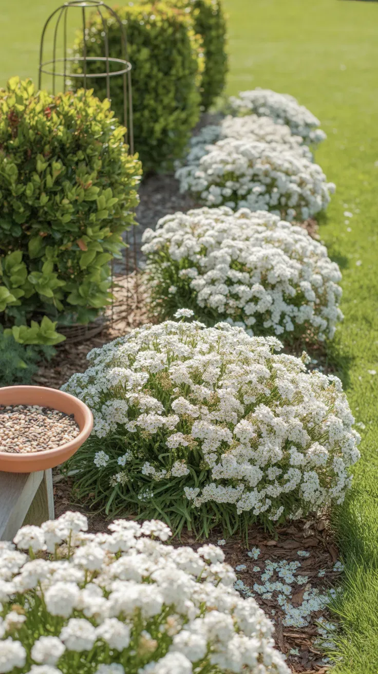 Candytuft with dense white spring blooms lining sunny garden border edge