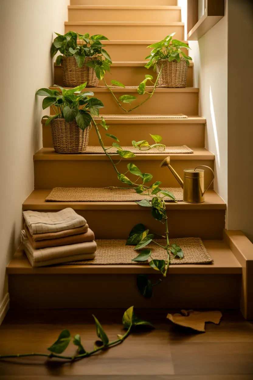 Golden pothos vines trailing through the open risers of a wooden staircase