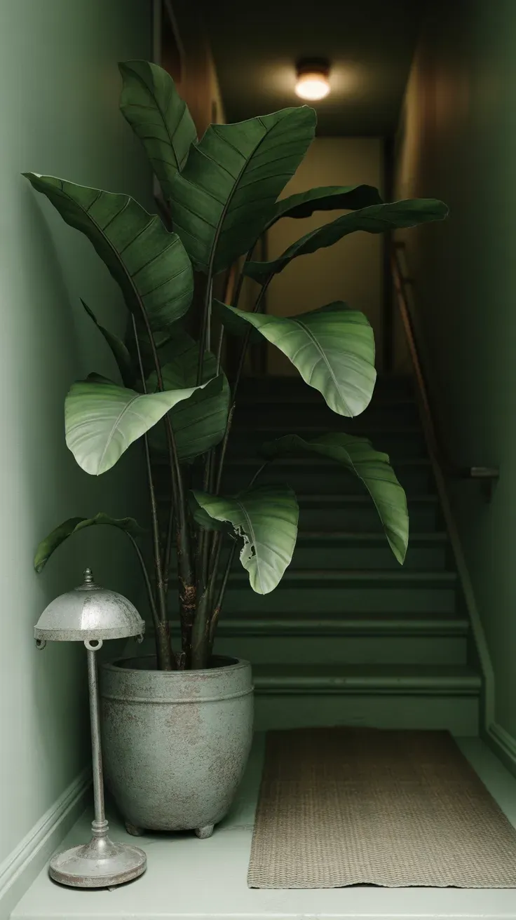Cast iron plant with broad dark leaves filling dim staircase landing corner