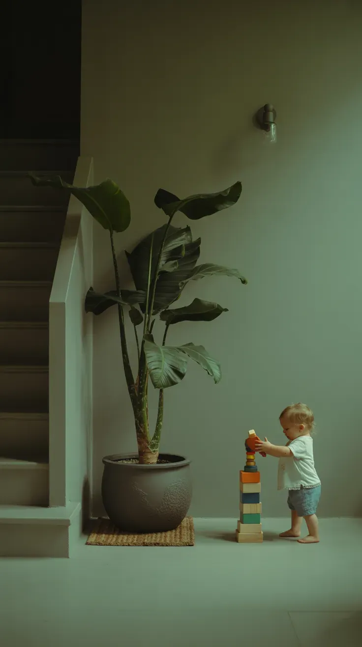 Cast iron plant in shaded corner surviving busy family household on low-light garden staircase