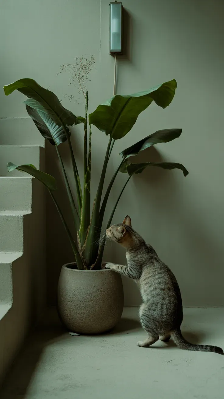 Cast iron plant in shaded corner surviving pet household on low-light garden staircase
