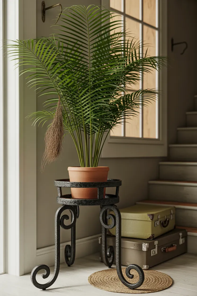 Vintage cast iron plant stand holding a tall areca palm on a farmhouse staircase landing