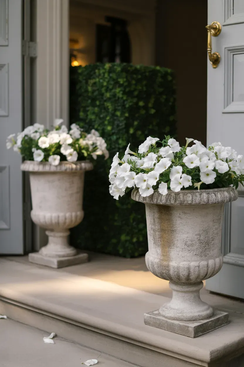 Matching cast stone urns with white flowers flanking elegant formal luxury staircase