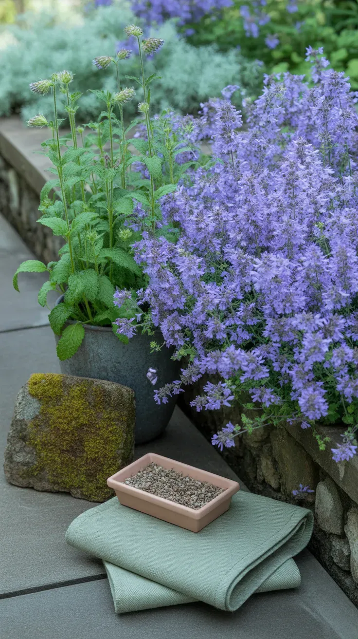 Purple catmint spilling over a garden edge near young bee balm foliage
