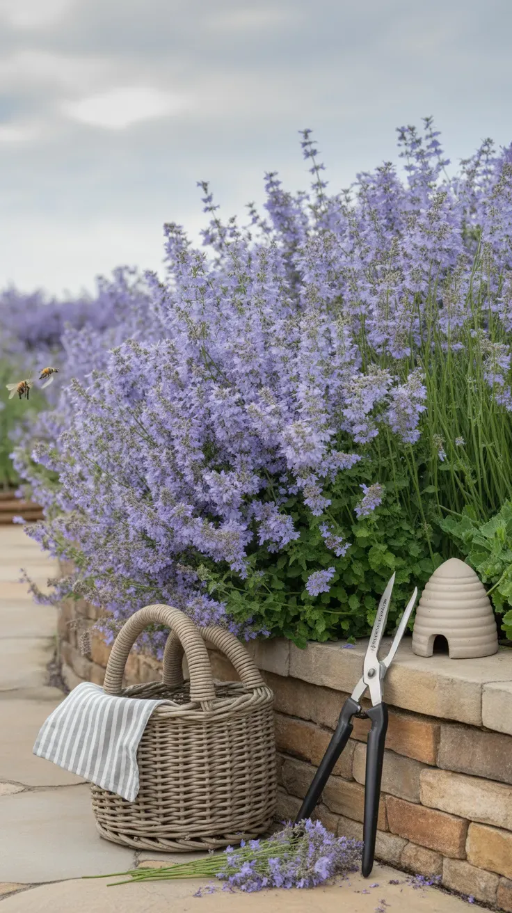 Sprawling mounds of lavender-blue catmint spilling over a stone garden edge