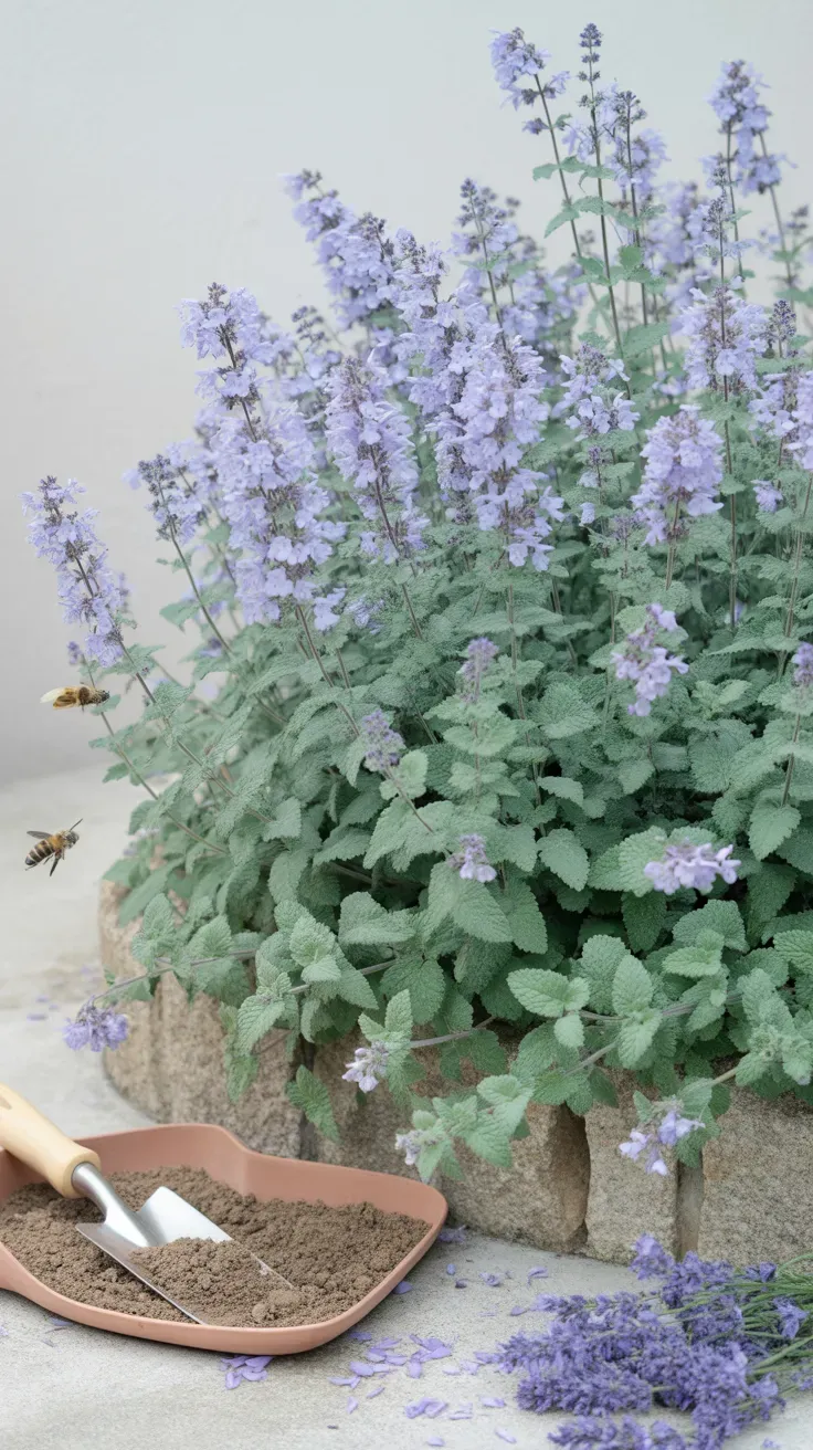 Catmint with blue-purple flower spikes spilling over a garden border edge