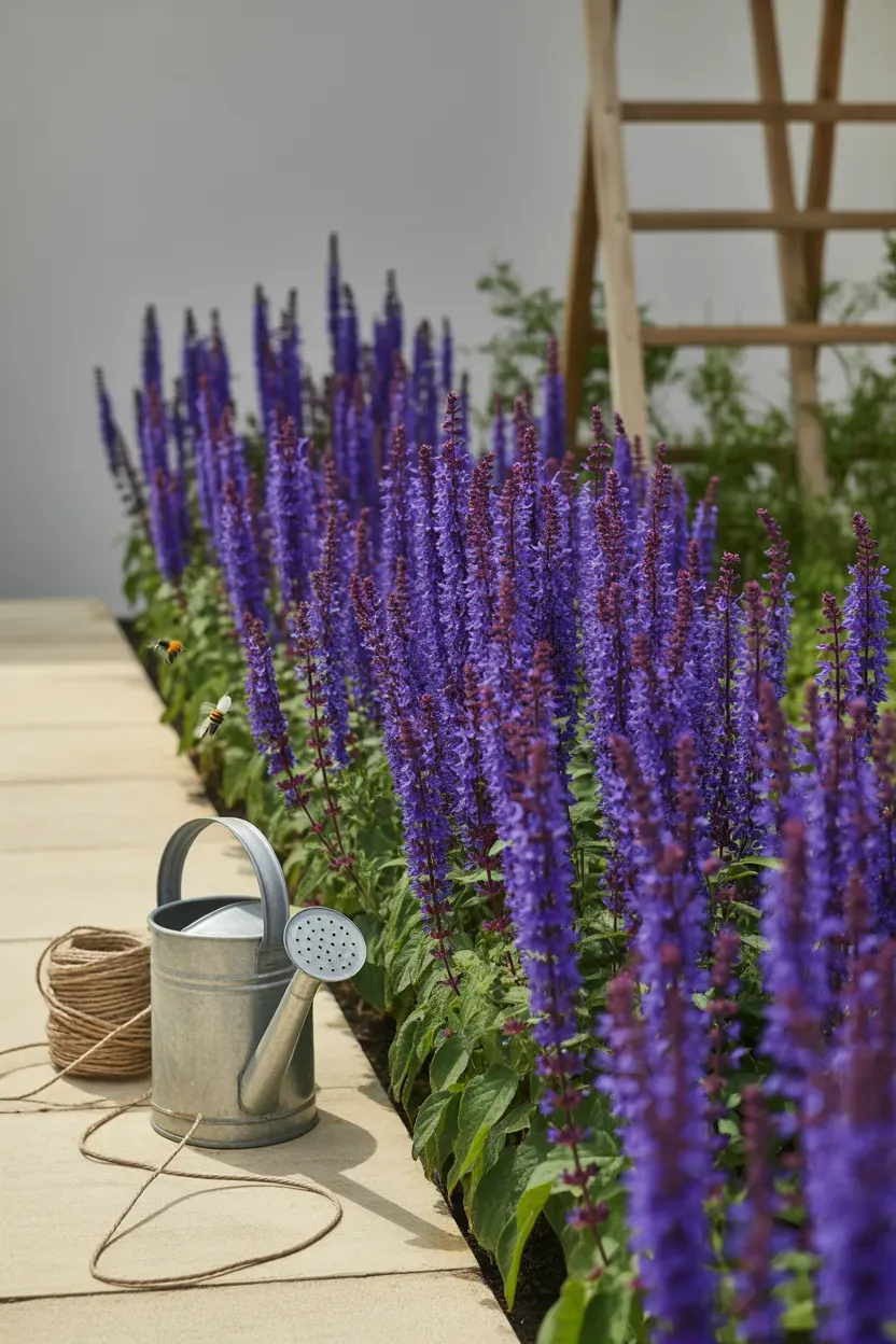 Catmint walkers low forming lavender haze along sunny garden border edge