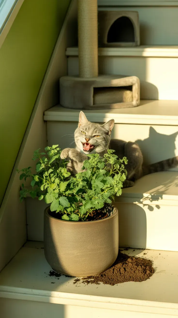 Designated catnip planter corner giving cat safe outlet on garden staircase