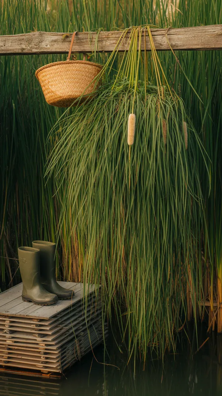 Long cattail leaves hanging to dry from a wooden beam near a pond