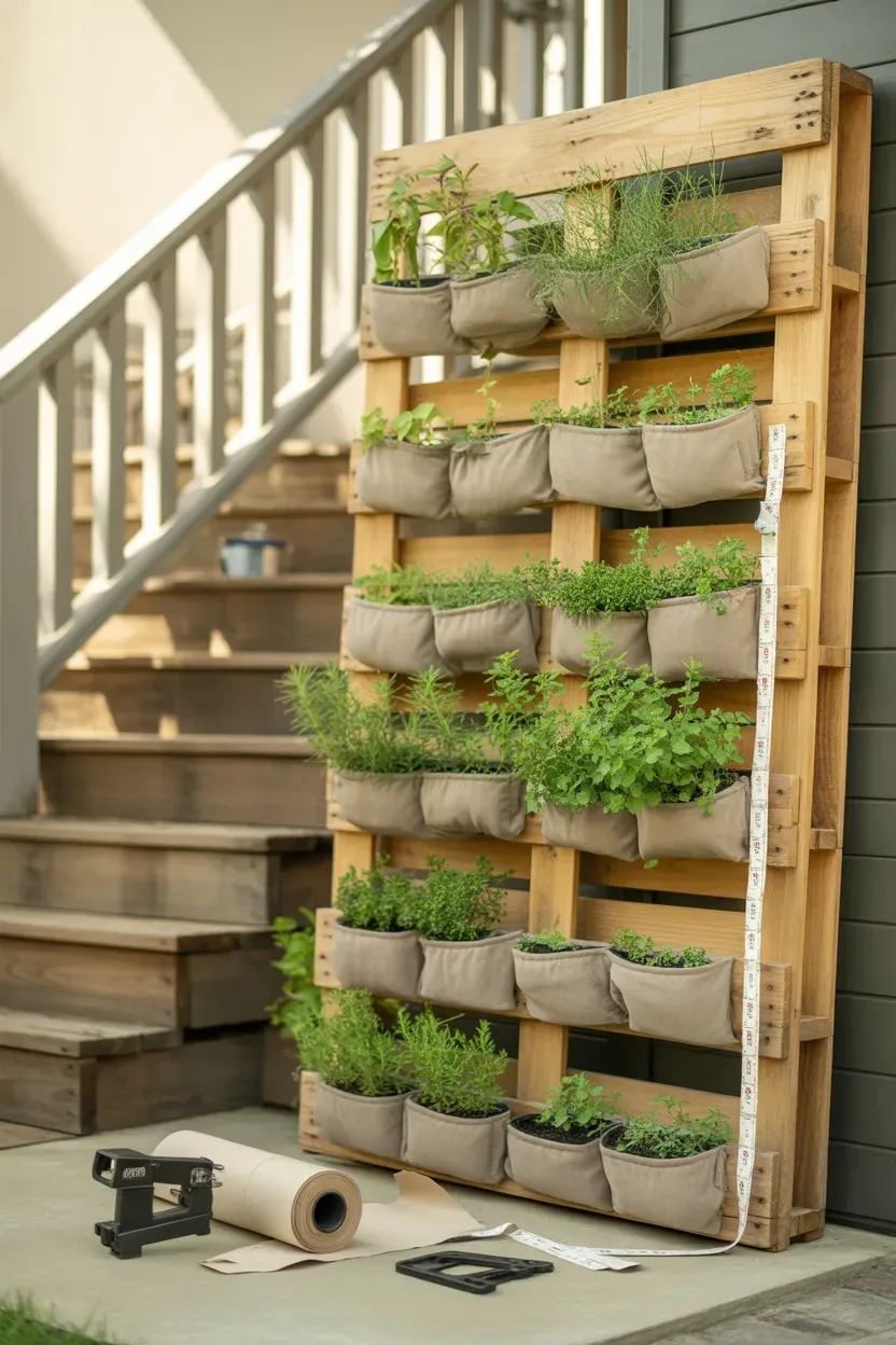 Chalk-painted tin cans filled with small herbs lining budget garden staircase steps