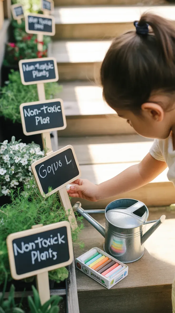 Chalkboard plant tags labeling non-toxic plants for educational kid-safe garden staircase