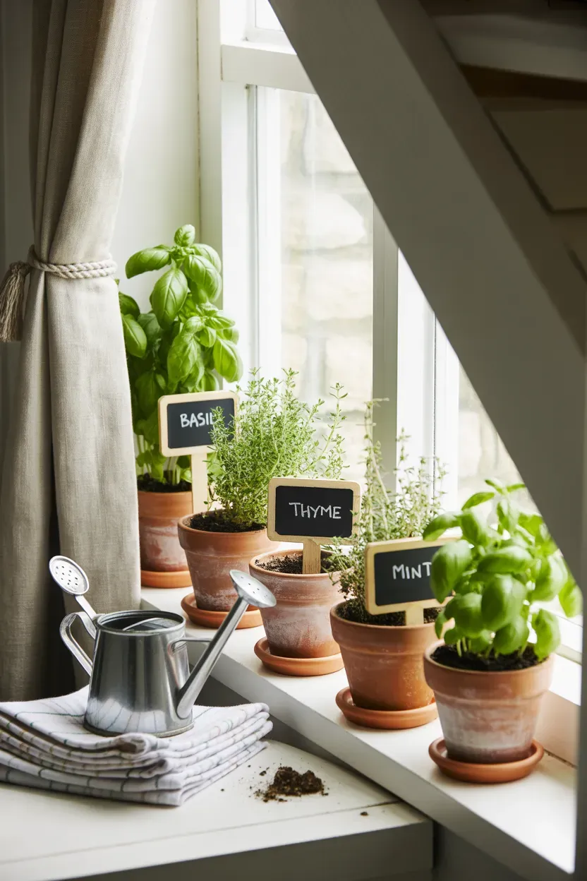 Small herb pots with chalkboard tags lined along a staircase windowsill