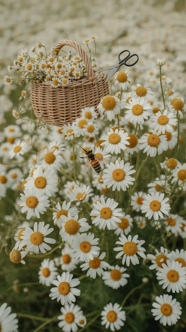 Wild chamomile with small daisy-like white and yellow blooms growing in open field
