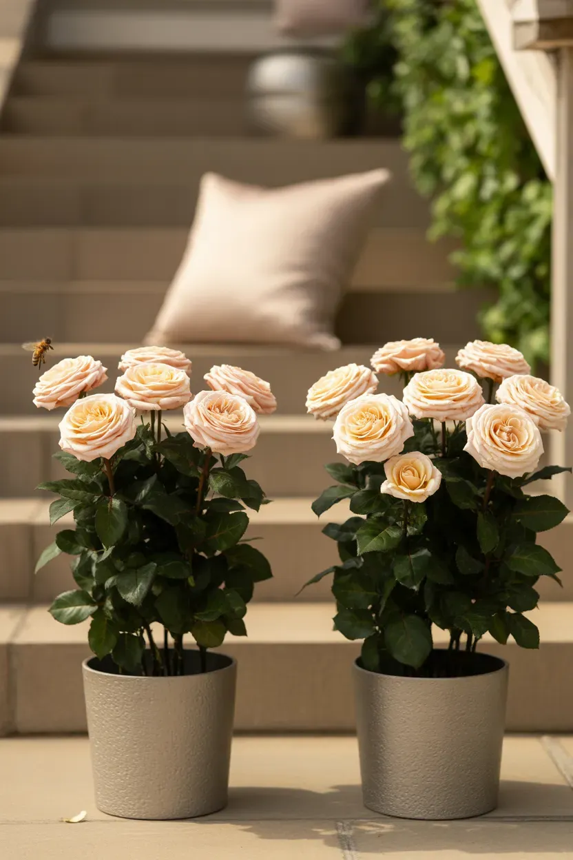 Champagne colored standard roses in lead-look pots flanking understated romantic luxury staircase
