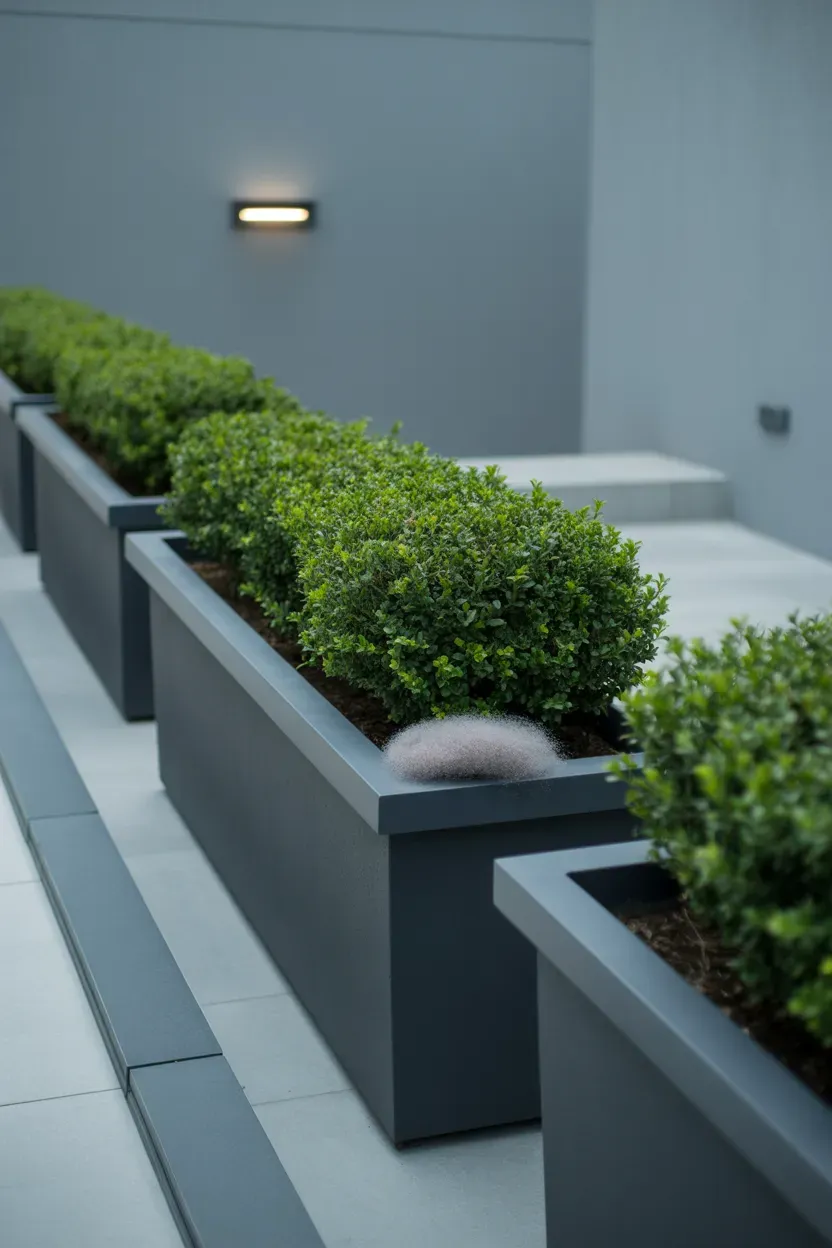 Charcoal gray rectangular trough planters lining understated cohesive modern staircase