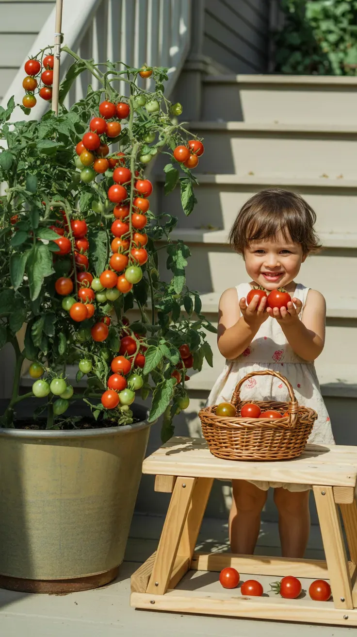 Cherry tomato plant with ripe red fruit growing in heavy pot beside snackable kid-safe staircase