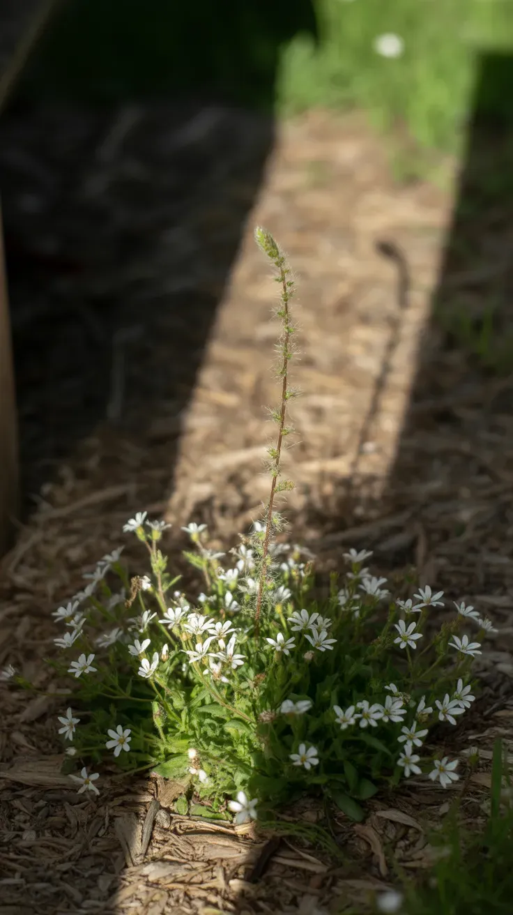 Close-up of delicate chickweed with tiny white star flowers in garden bed