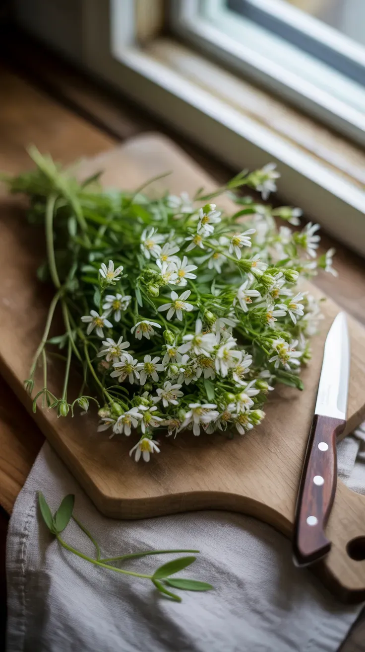 Fresh chickweed sprigs with tiny white flowers piled on a rustic cutting board
