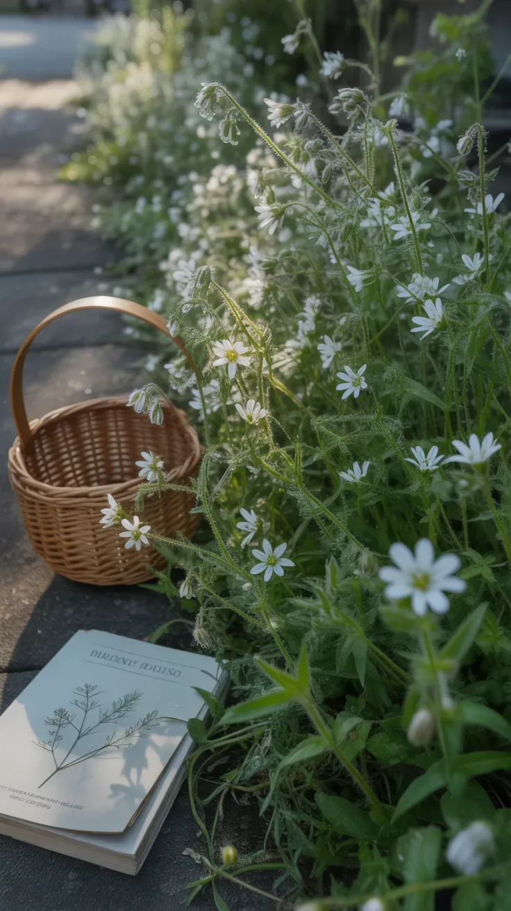 Wild chickweed with small white star-shaped flowers and delicate trailing stems growing at garden edge