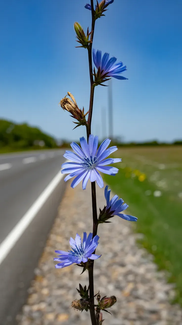 Tall chicory stalk with bright blue flowers along a rural roadside