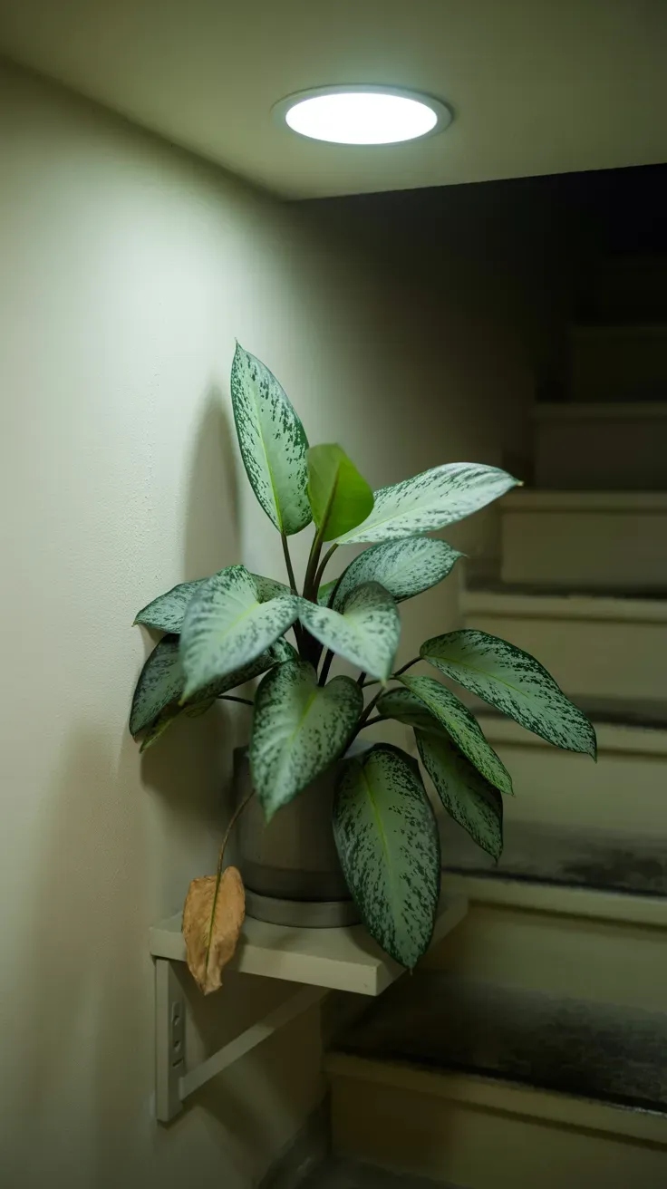 Chinese evergreen with patterned silver and green leaves displayed on dim staircase shelf