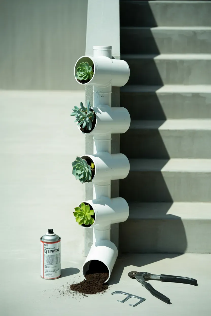 Stacked cinder block planters filled with flowers along sunny garden staircase