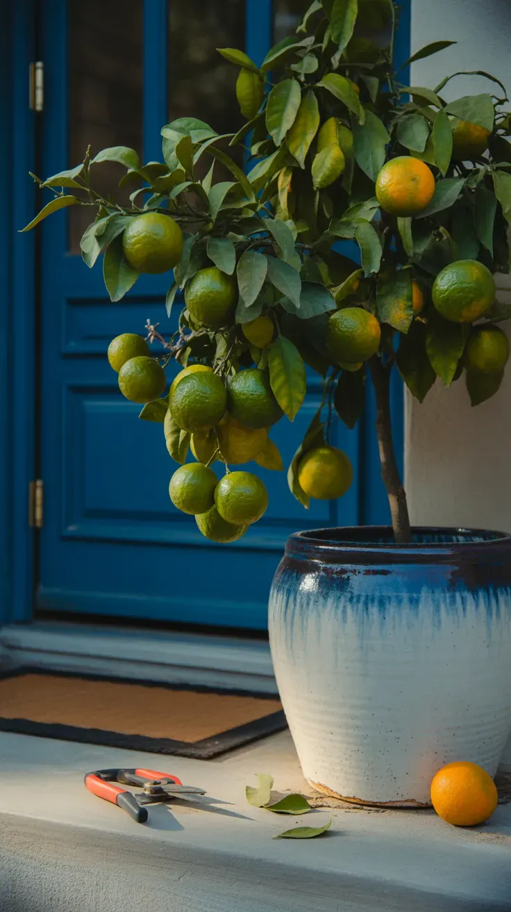 Small citrus tree with ripening fruit growing in a large statement container by a front door
