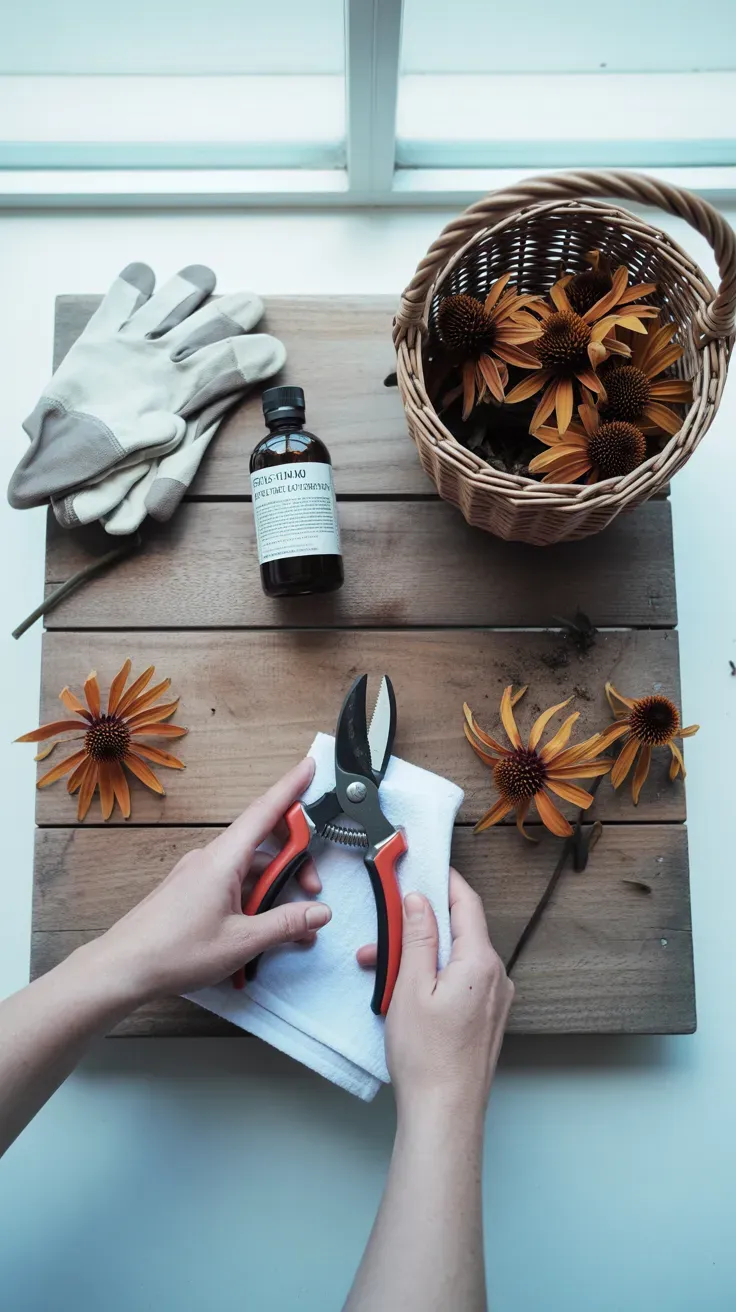 Gardener wiping pruner blades with a cloth beside a basket of spent coneflower blooms