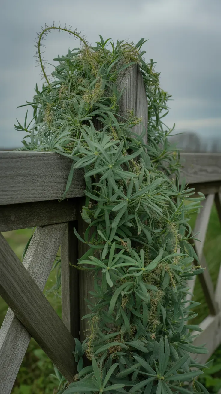Sprawling cleavers vine with whorled leaves clinging to a wooden fence post