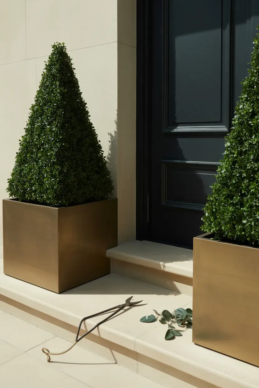 Precisely clipped boxwood pyramids in stone planters flanking architectural luxury staircase