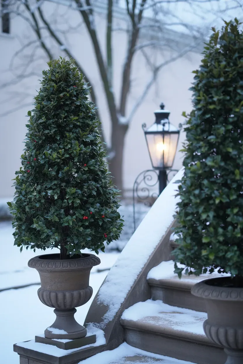 Clipped conical holly trees in cast stone urns flanking winter-proof luxury staircase entrance